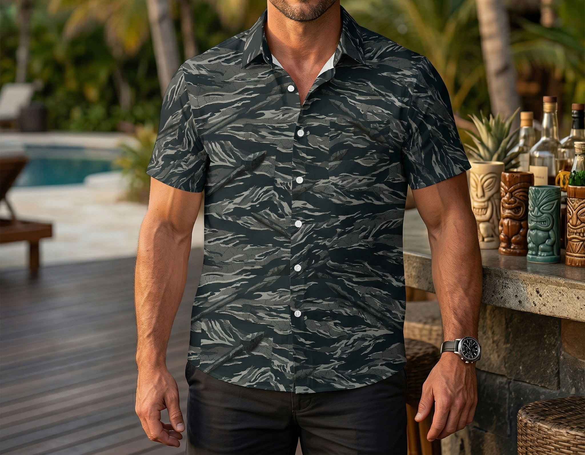 Paratus "Gray Man" Hawaiian Print Tiger Stripe Spear Shirt